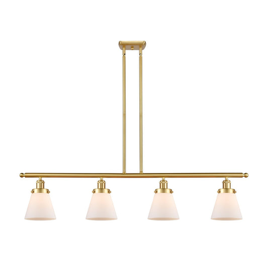 Innovations Cone 48in 4-Light Island Light | Industrial Satin Gold Steel and Matte White Frosted Glass | Kitchen Island & Dining | Model 916-4I-SG-G61