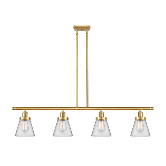 Innovations Cone 48in 4-Light Island Light | Industrial Satin Gold Steel and Clear Glass | Kitchen Island & Dining Room | Model 916-4I-SG-G62