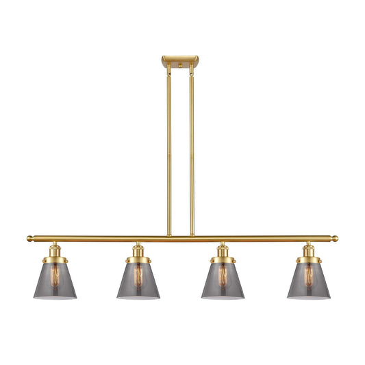 Innovations Cone 48in 4-Light Island Light | Industrial Satin Gold Steel and Light Smoke Glass | Kitchen Island & Dining Room | Model 916-4I-SG-G63