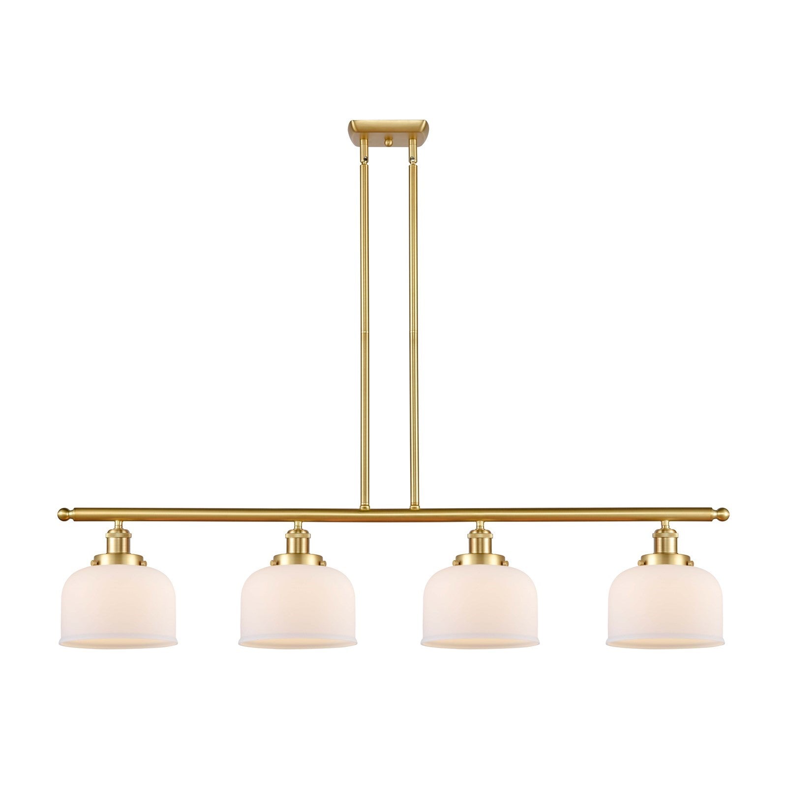 Innovations Bell 48in 4-Light Island Light | Industrial Satin Gold Steel and Matte White Frosted Glass | Kitchen Island & Dining | Model 916-4I-SG-G71