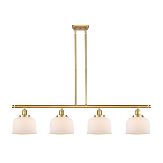 Innovations Bell 48in 4-Light Island Light | Industrial Satin Gold Steel and Matte White Frosted Glass | Kitchen Island & Dining | Model 916-4I-SG-G71