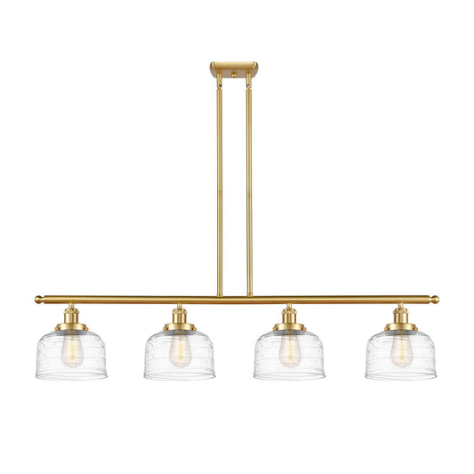 Innovations Bell 48in 4-Light Island Light | Industrial Satin Gold Steel and Clear Deco Swirl Glass | Kitchen Island & Dining Room | Model 916-4I-SG-G713