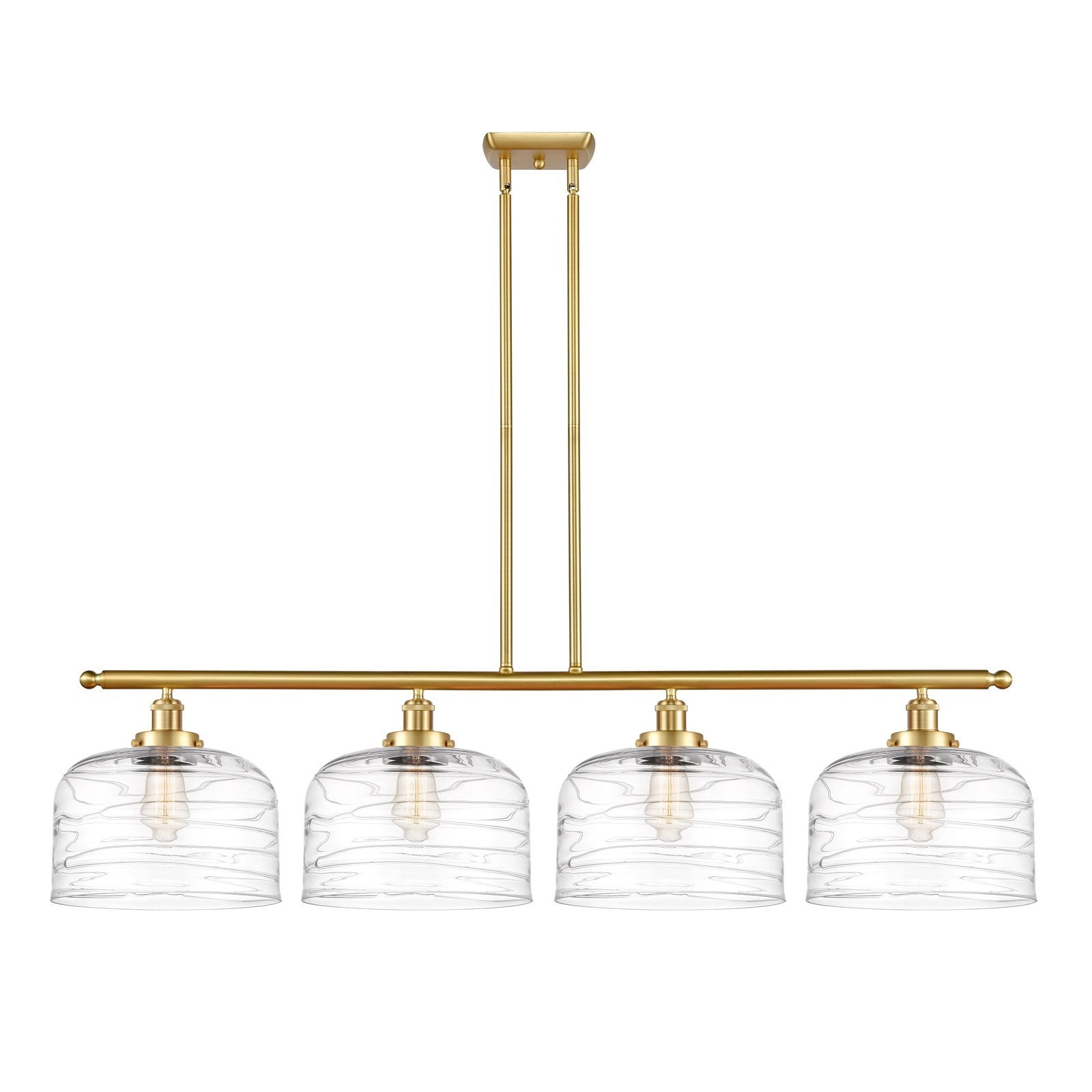 Innovations Bell 48in 4-Light Island Light | Industrial Satin Gold Steel and Clear Deco Swirl XL Glass | Kitchen Island & Dining | Model 916-4I-SG-G713-L