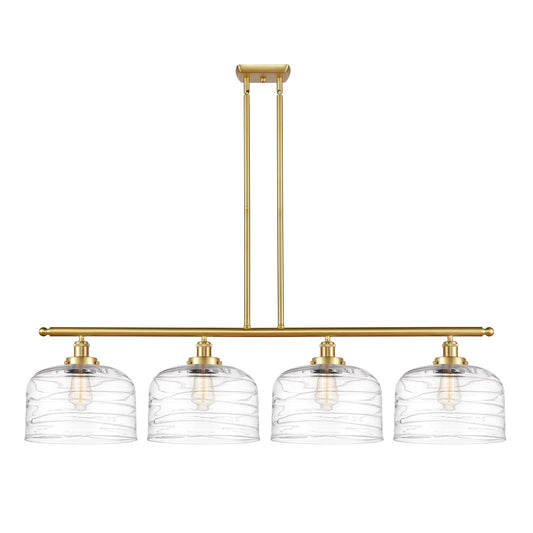 Innovations Bell 48in 4-Light Island Light | Industrial Satin Gold Steel and Clear Deco Swirl XL Glass | Kitchen Island & Dining | Model 916-4I-SG-G713-L