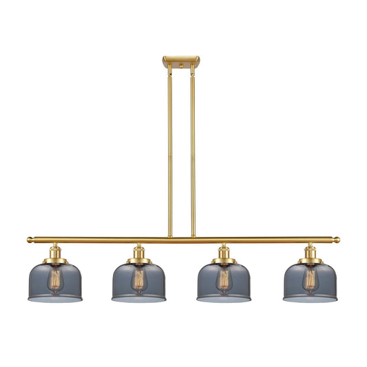 Innovations Bell 48in 4-Light Island Light | Industrial Satin Gold Steel and Light Smoke Glass | Kitchen Island & Dining Room | Model 916-4I-SG-G73
