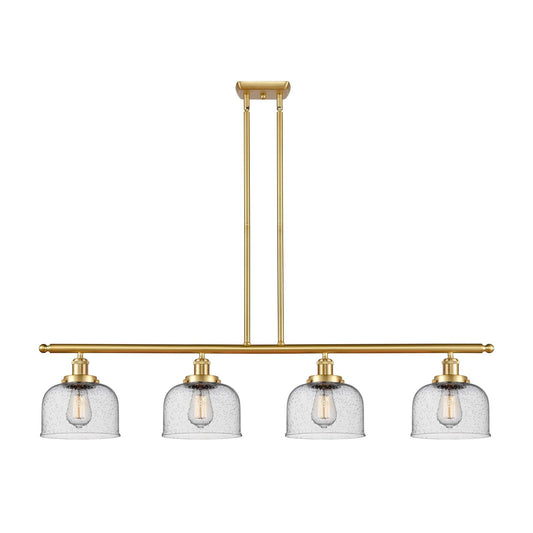 Innovations Bell 48in 4-Light Island Light | Industrial Satin Gold Steel and Seedy Glass | Kitchen Island & Dining Room | Model 916-4I-SG-G74