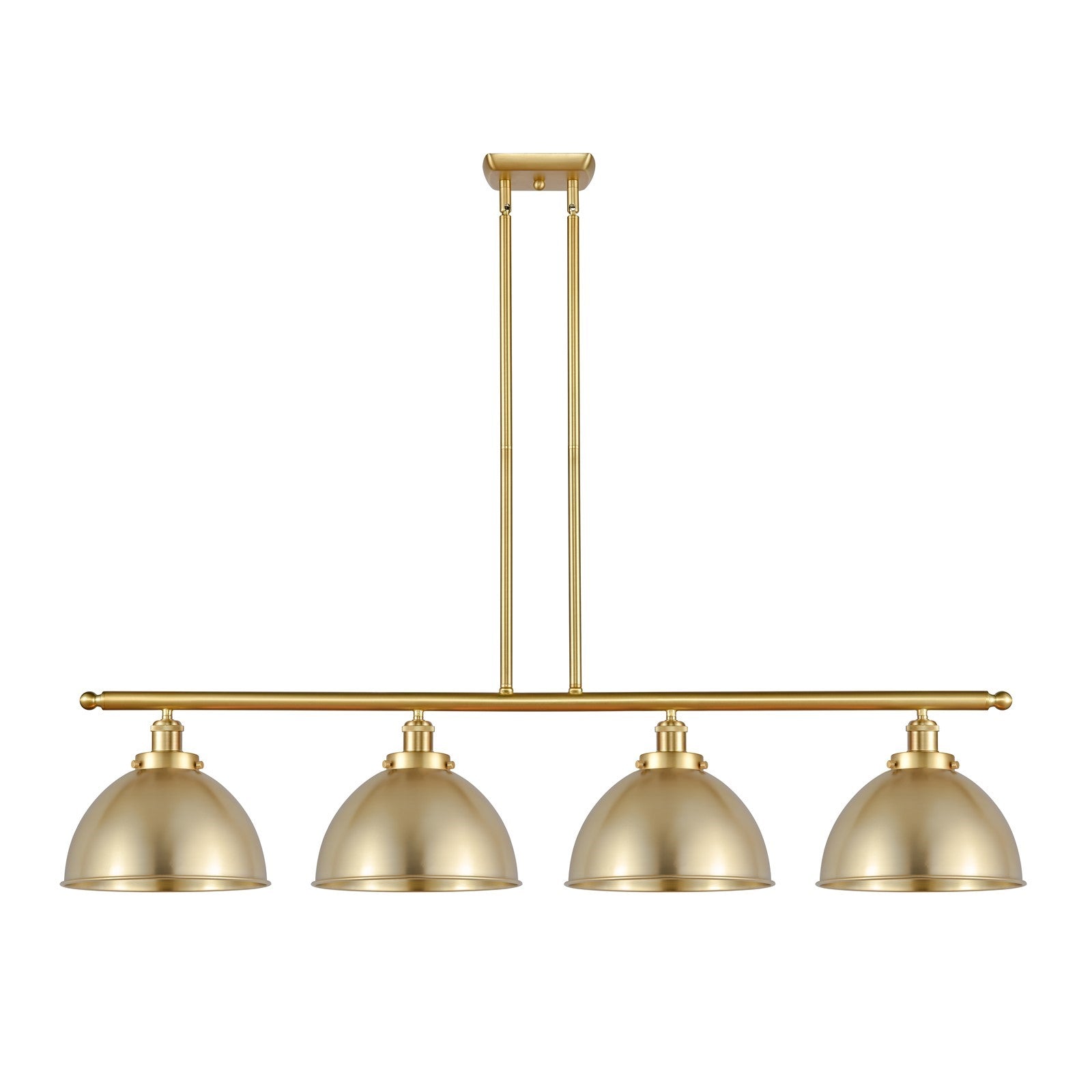 Innovations Derby 48in 4-Light Island Light | Industrial Farmhouse Satin Gold Steel and Cast Brass with Satin Gold Metal Shade | Model 916-4I-SG-MFD-10-SG
