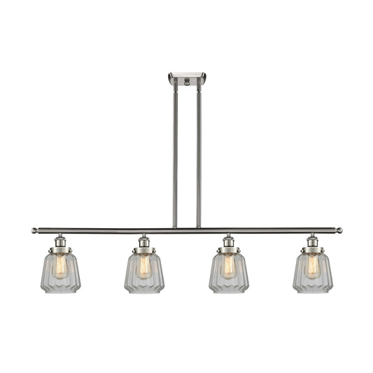 Innovations Chatham 48in 4-Light Island Light | Modern Transitional Brushed Satin Nickel Steel and Cast Brass with Clear Ribbed | Model 916-4I-SN-G142