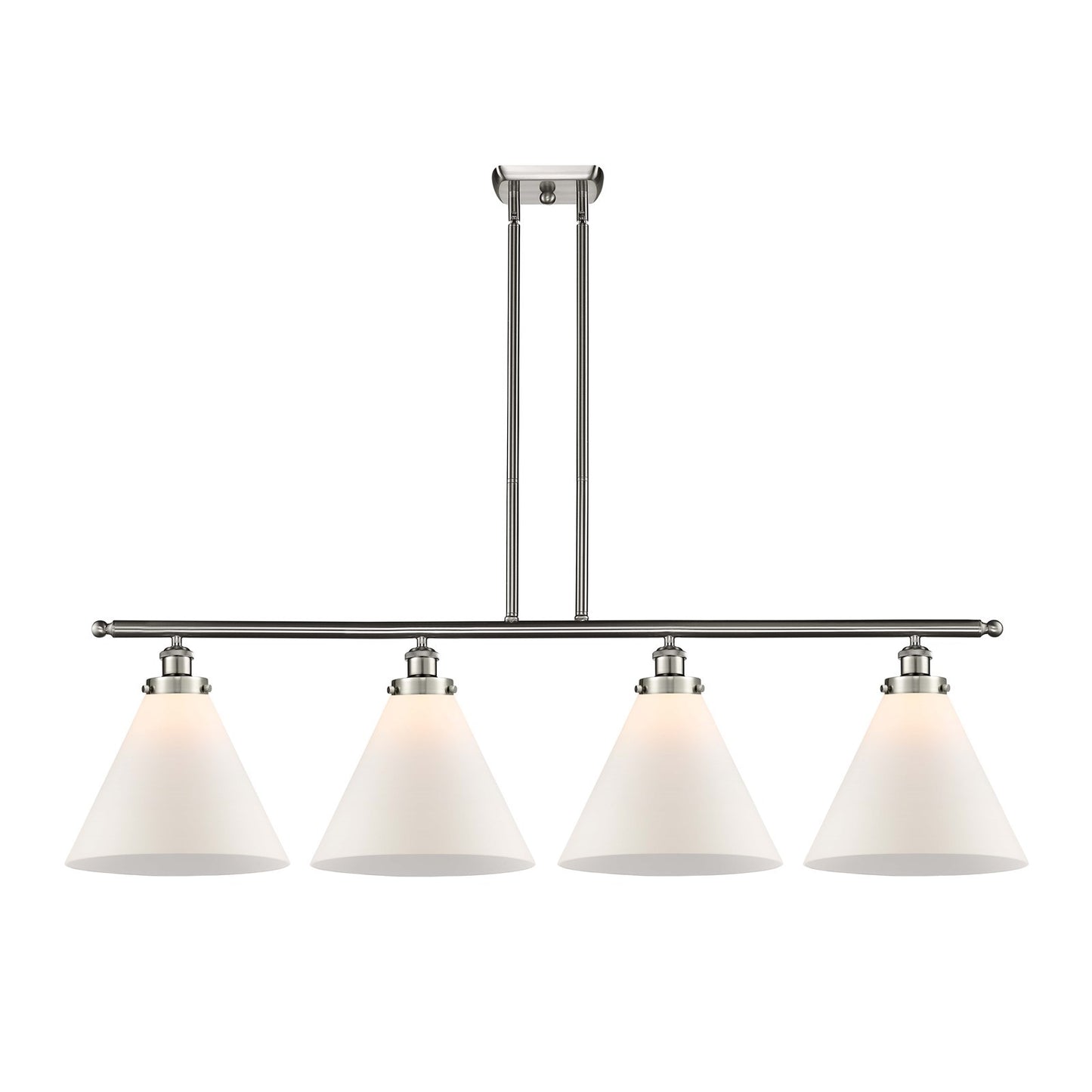 Innovations Cone 48in 4-Light Island Light | Brushed Satin Nickel Steel and Matte White Glass | Kitchen Island & Dining Room | Model 916-4I-SN-G41-L
