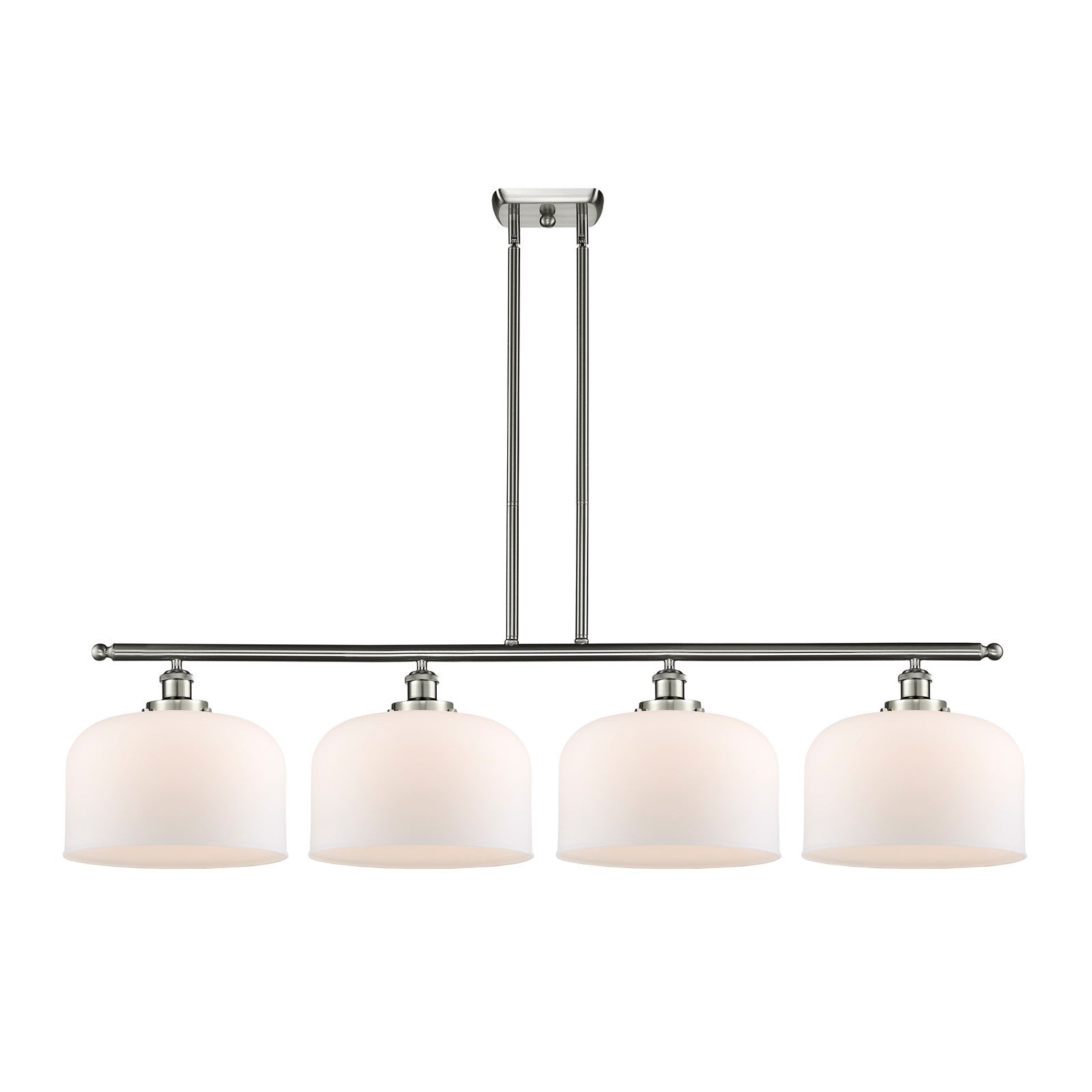 Innovations Bell 48in 4-Light Island Light | Industrial Brushed Satin Nickel and Matte White Frosted Glass | Kitchen Island & | Model 916-4I-SN-G71-L