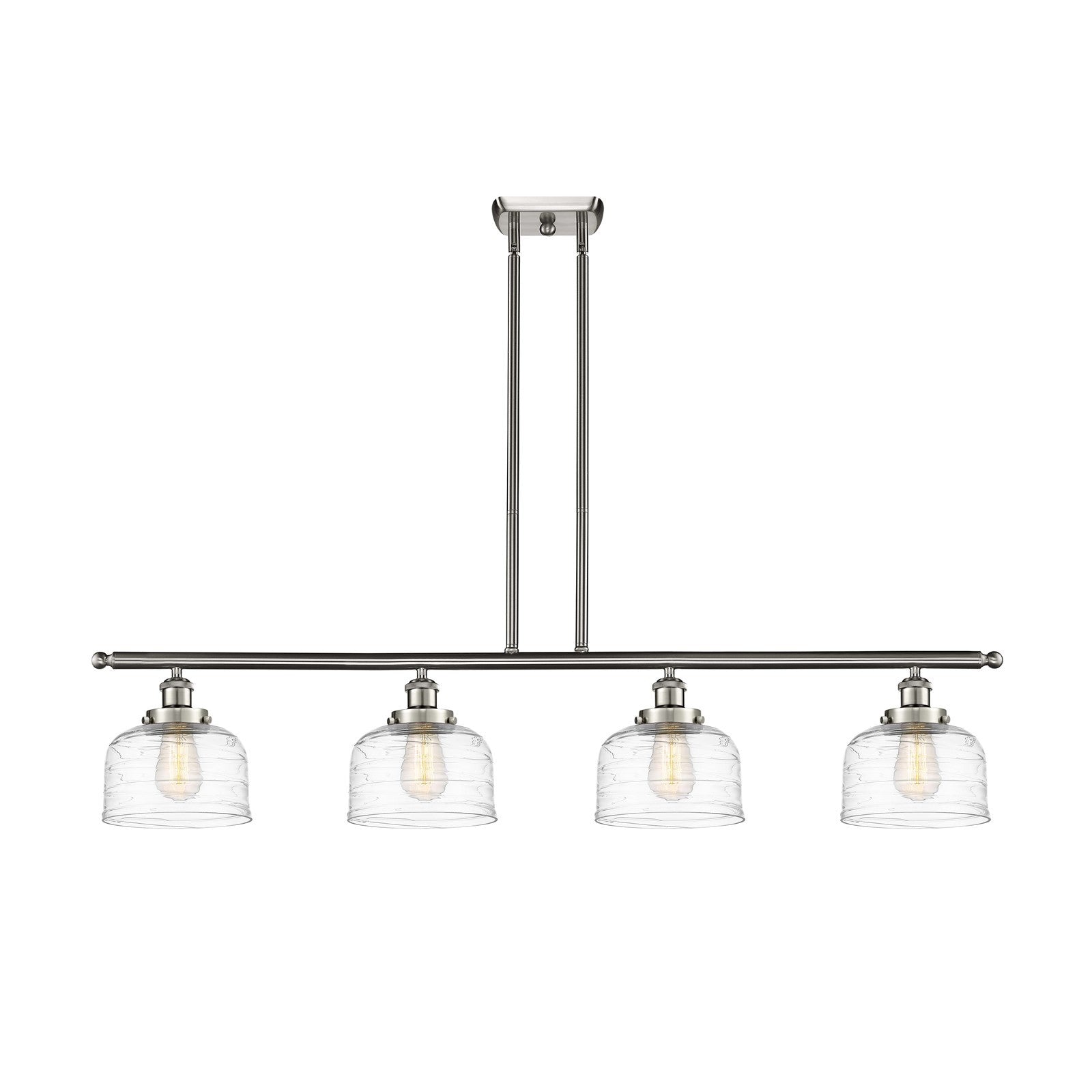 Innovations Bell 48in 4-Light Island Light | Industrial Brushed Satin Nickel and Clear Deco Swirl Glass | Kitchen Island & Dining | Model 916-4I-SN-G713