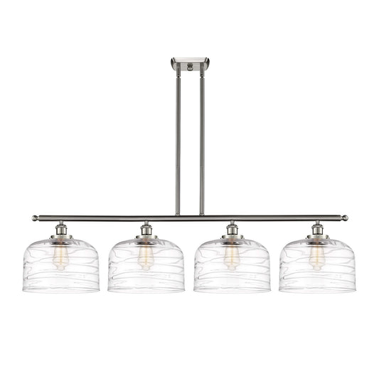 Innovations Bell 48in 4-Light Island Light | Industrial Brushed Satin Nickel and Clear Deco Swirl XL Glass | Kitchen Island & | Model 916-4I-SN-G713-L