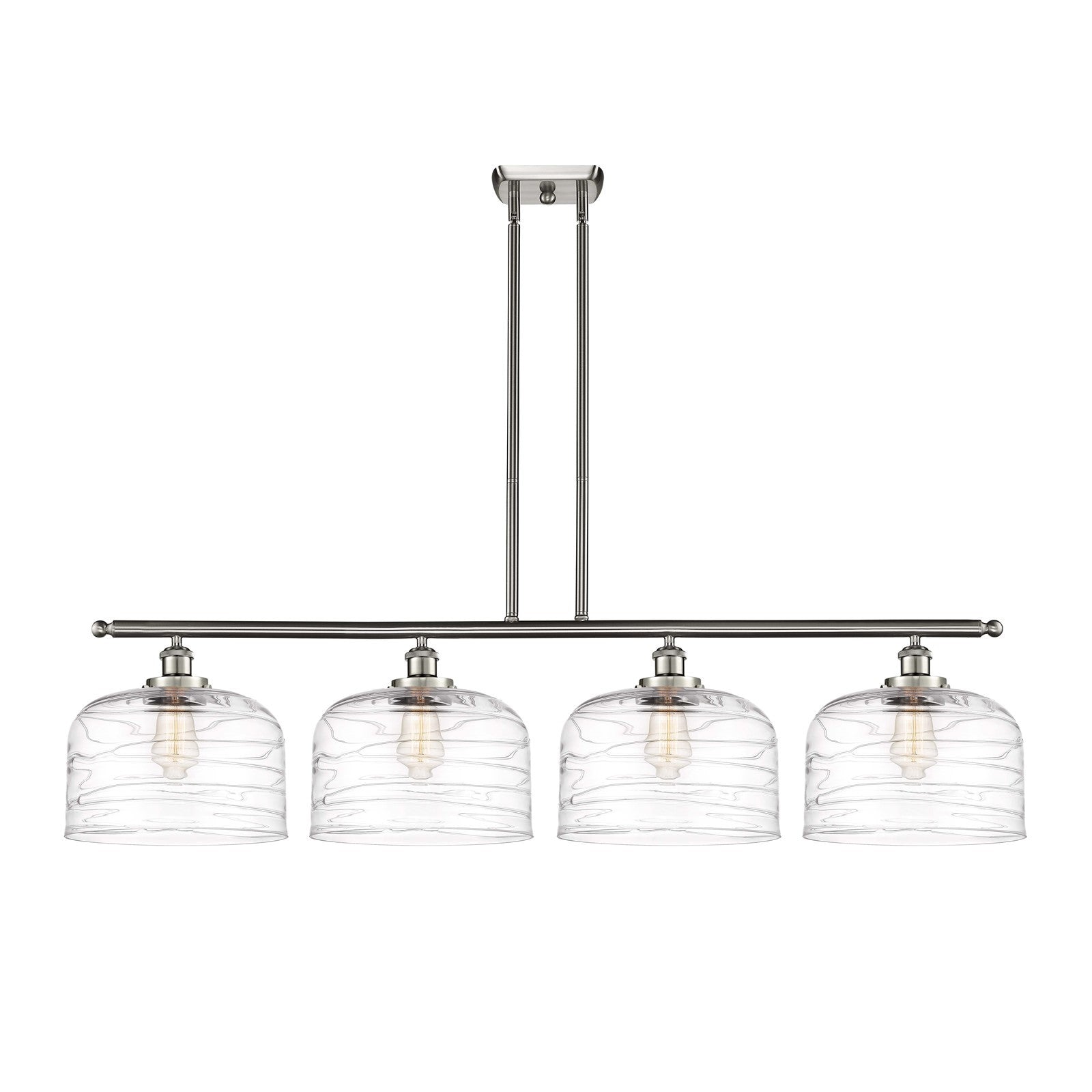 Innovations Bell 48in 4-Light Island Light | Industrial Brushed Satin Nickel and Clear Deco Swirl Glass | Kitchen Island & | Model 916-4I-SN-G713-L-LED