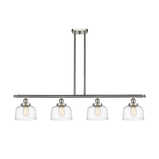 Innovations Bell 48in 4-Light Island Light | Industrial Brushed Satin Nickel and Clear Deco Swirl Glass | Kitchen Island & | Model 916-4I-SN-G713-LED