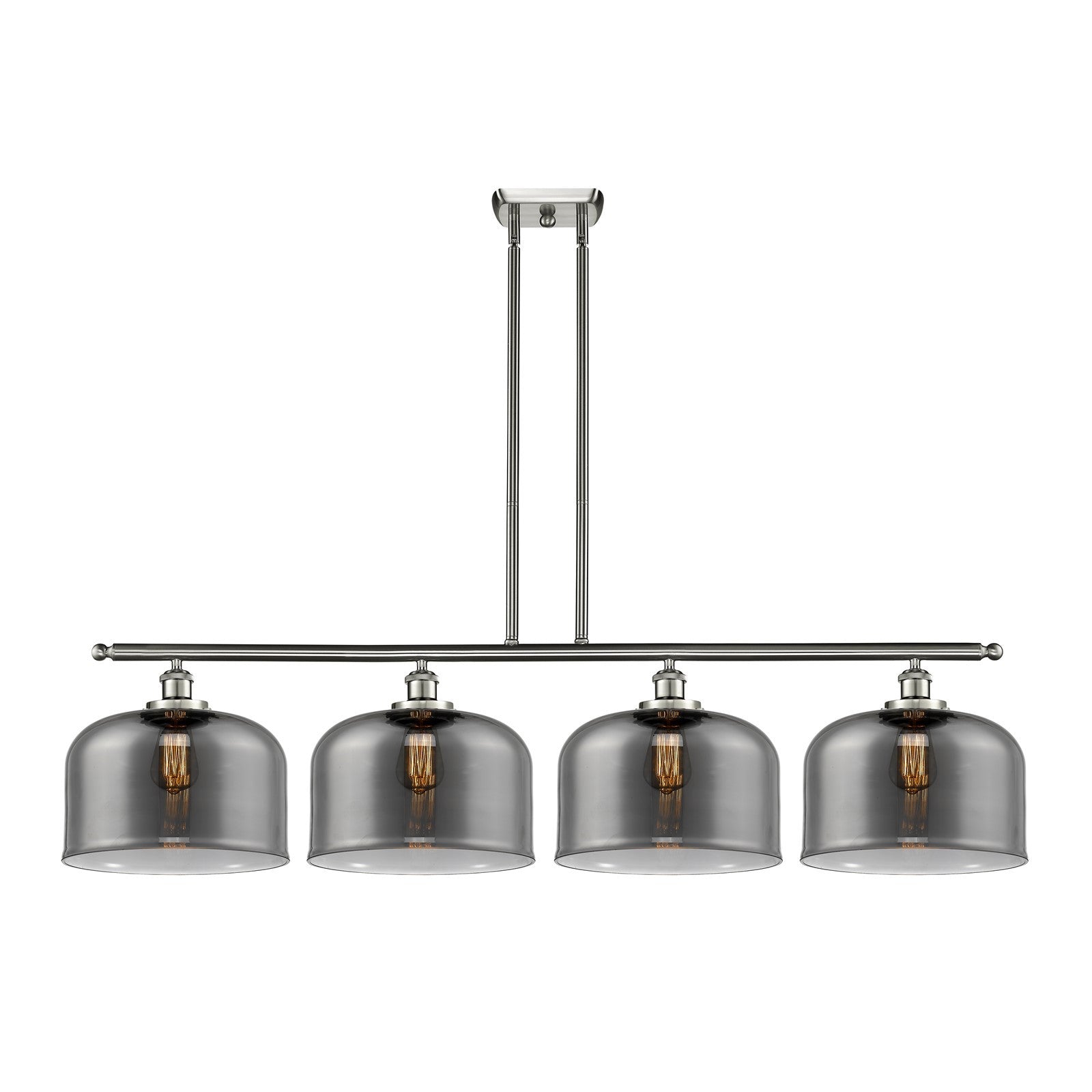 Innovations Bell 48in 4-Light Island Light | Industrial Brushed Satin Nickel Steel and Light Smoke Glass | Kitchen Island & Dining | Model 916-4I-SN-G73-L