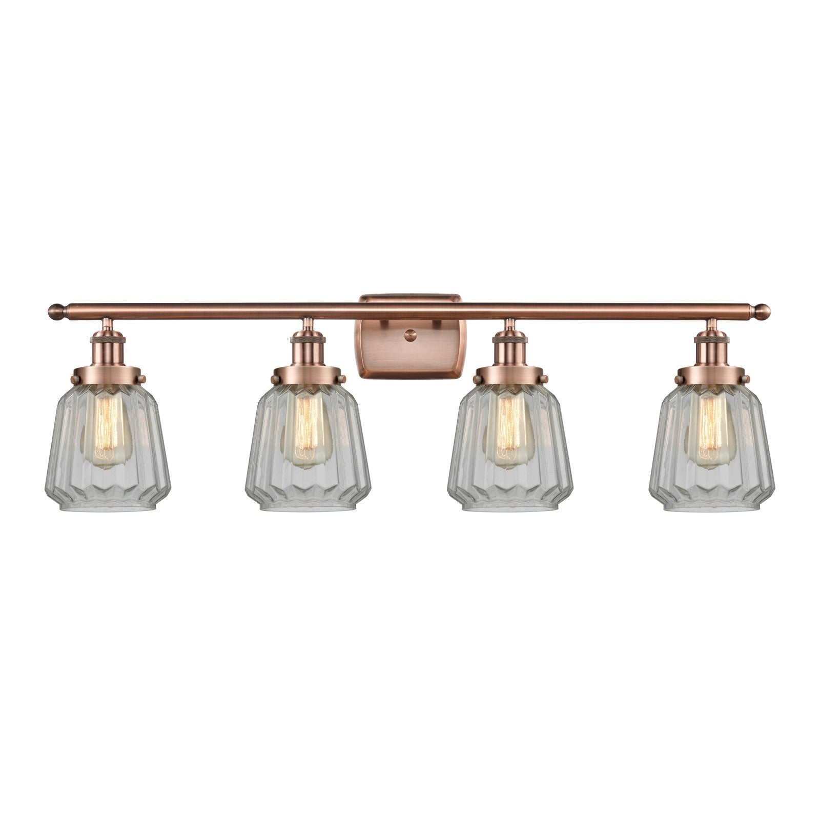 Innovations Chatham 37in 4-Light Bath Vanity Light | Modern Transitional Antique Copper Steel and Clear Ribbed Glass | Bathroom & | Model 916-4W-AC-G142