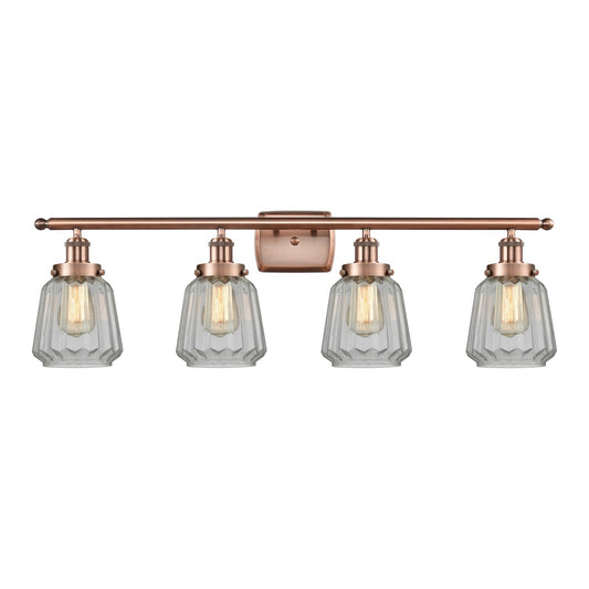 Innovations Chatham 37in 4-Light Bath Vanity Light | Modern Transitional Antique Copper Steel and Clear Ribbed Glass | Bathroom & | Model 916-4W-AC-G142