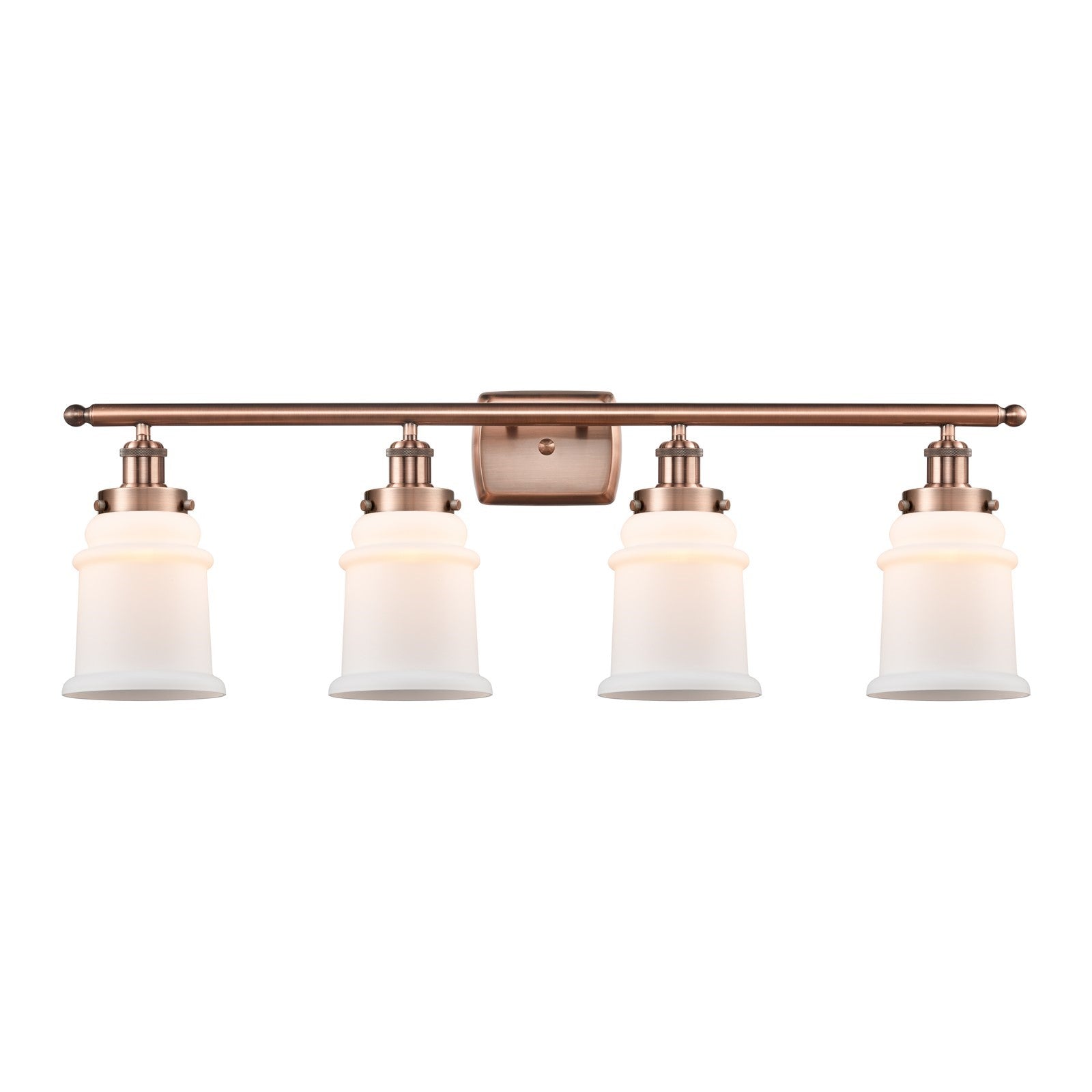 Innovations Canton 36in 4-Light Bath Vanity Light | Modern Contempo Antique Copper Steel and Matte White Frosted Glass | Bathroom | Model 916-4W-AC-G181