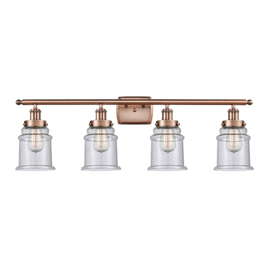 Innovations Canton 36in 4-Light Bath Vanity Light | Modern Contempo Antique Copper Steel and Seedy Glass Schoolhouse Shades | Model 916-4W-AC-G184