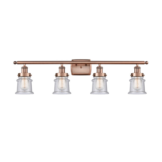 Innovations Canton 35.25in 4-Light Bath Vanity Light | Modern Contempo Antique Copper Steel and Seedy Glass Schoolhouse Shades | Model 916-4W-AC-G184S