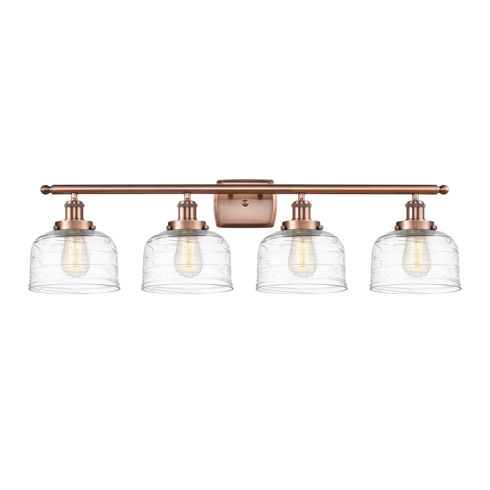 Innovations Bell 38in 4-Light Bath Vanity Light | Industrial Antique Copper Steel and Clear Deco Swirl Glass | Bathroom Vanity | Model 916-4W-AC-G713