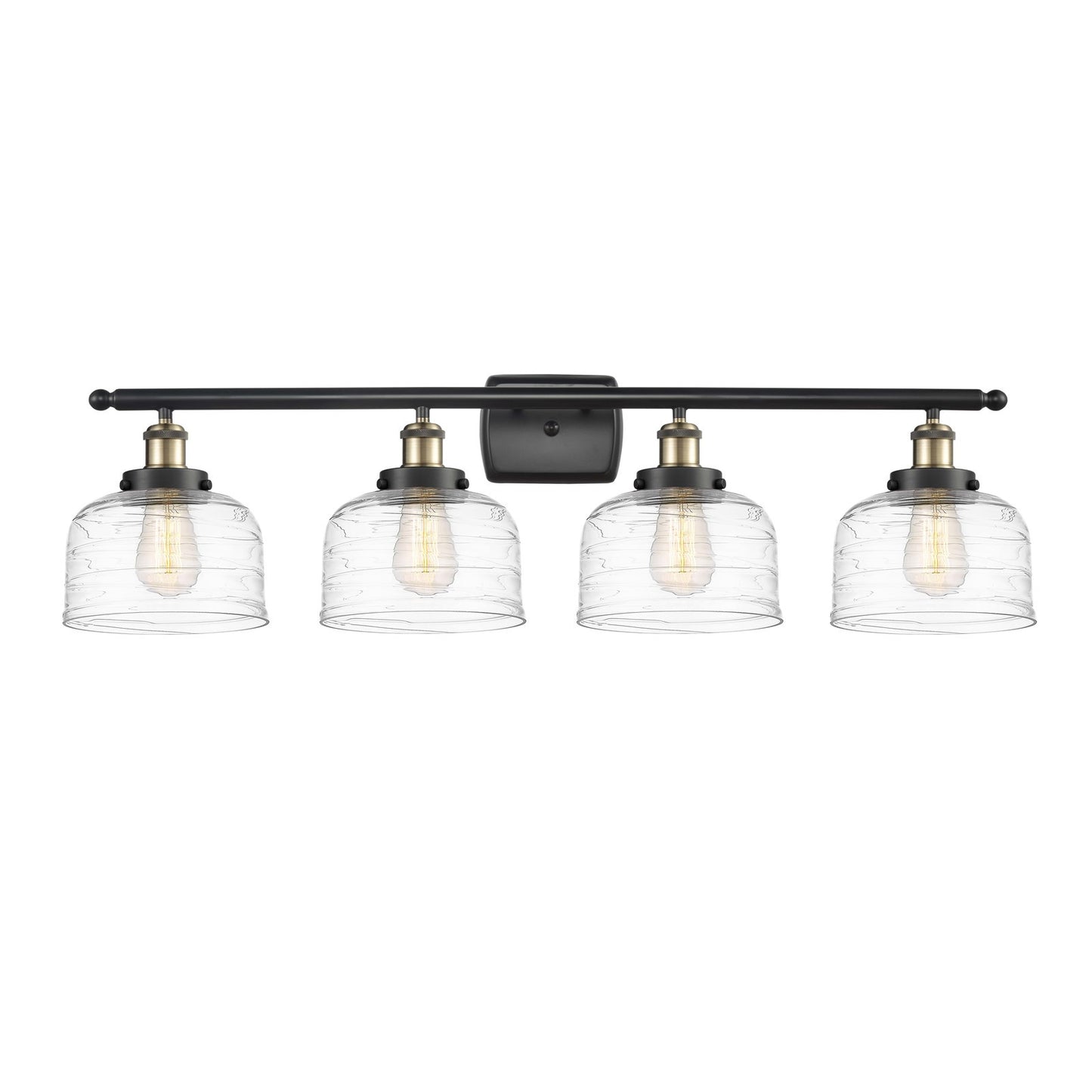 Innovations Bell 38in 4-Light Bath Vanity | Industrial Black Antique Brass and Clear Deco Swirl Glass | Bathroom Vanity & Powder | Model 916-4W-BAB-G713