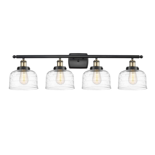Innovations Bell 38in 4-Light Bath Vanity | Industrial Black Antique Brass and Clear Deco Swirl Glass | Bathroom Vanity & Powder | Model 916-4W-BAB-G713