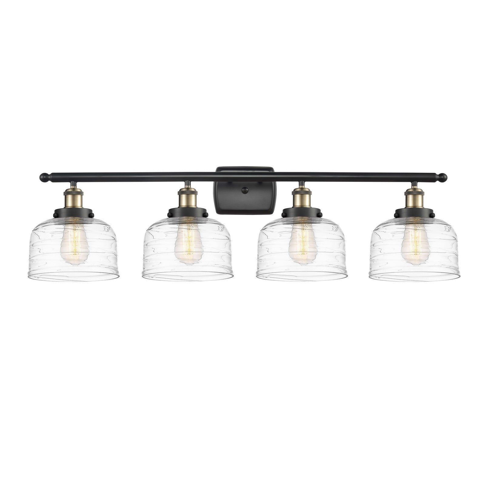Innovations Bell 38in 4-Light Bath Vanity Light | Industrial Black Antique Brass and Clear Deco Swirl Glass | Bathroom Vanity | Model 916-4W-BAB-G713-LED