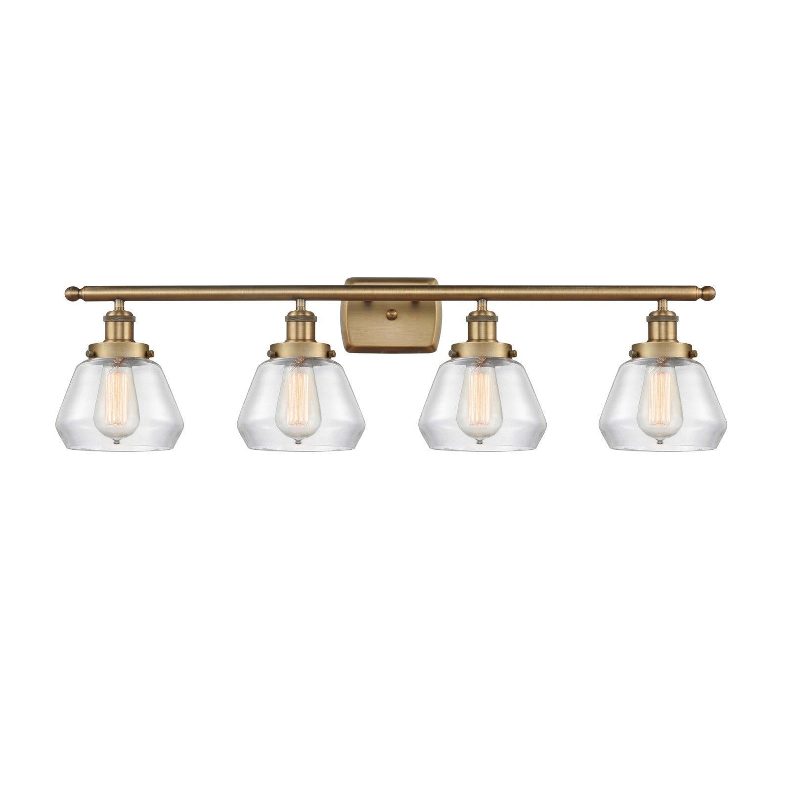 Innovations Fulton 37in 4-Light Bath Vanity Light | Brushed Brass Steel and Clear Glass Schoolhouse Shade | Bathroom Vanity & | Model 916-4W-BB-G172