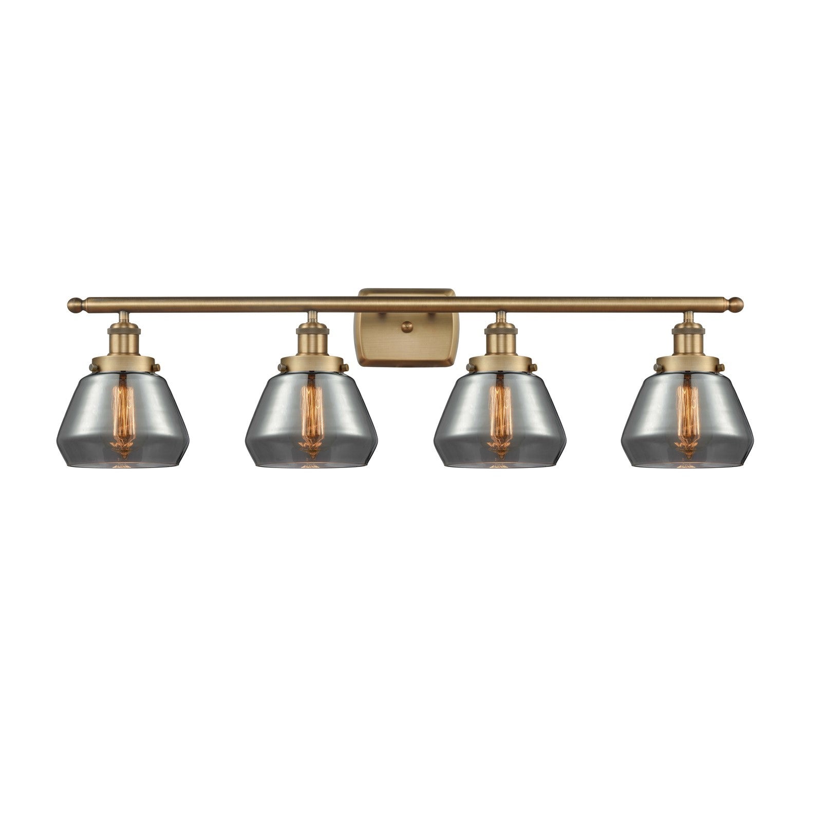 Innovations Fulton 37in 4-Light Bath Vanity Light | Brushed Brass Steel and Smoked Glass Schoolhouse Shade | Bathroom Vanity & | Model 916-4W-BB-G173