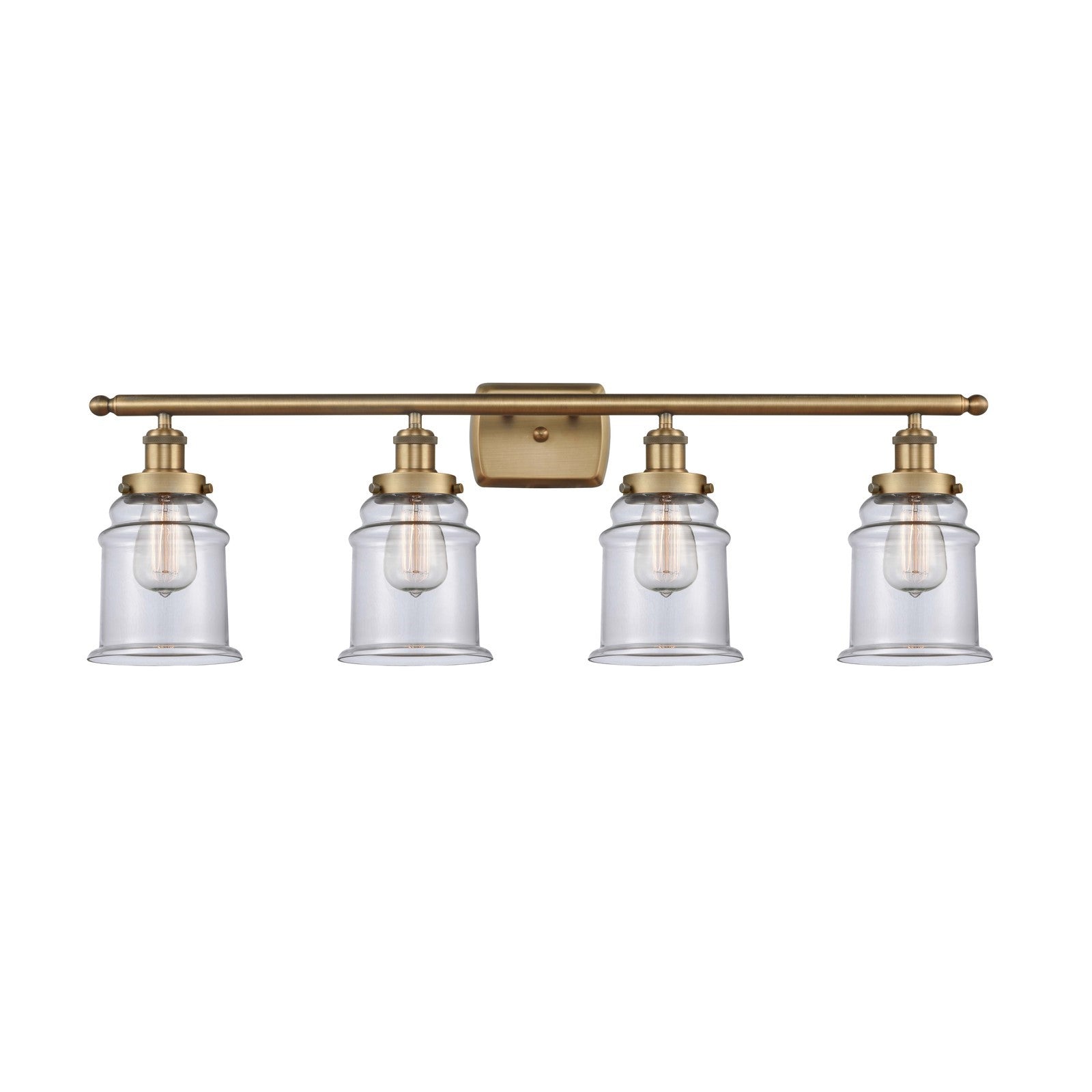 Innovations Canton 36in 4-Light Bath Vanity Light | Modern Transitional Brushed Brass and Clear Glass Schoolhouse Shade | Damp | Model 916-4W-BB-G182