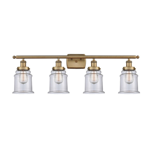 Innovations Canton 36in 4-Light Bath Vanity Light | Modern Transitional Brushed Brass and Clear Glass Schoolhouse Shade | Damp | Model 916-4W-BB-G182