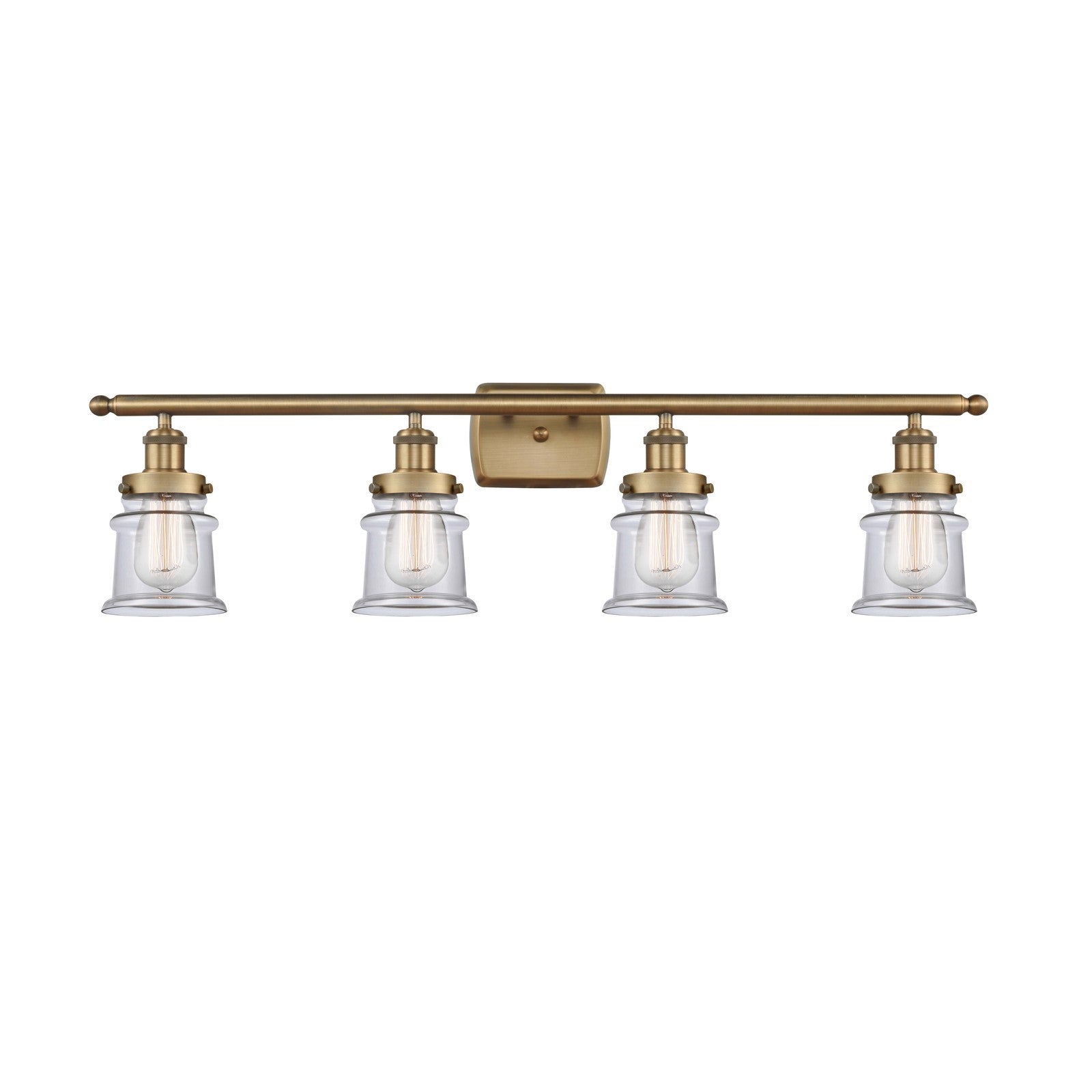 Innovations Canton 35.25in 4-Light Bath Vanity Light | Modern Transitional Brushed Brass and Clear Glass Schoolhouse Shade | Damp | Model 916-4W-BB-G182S