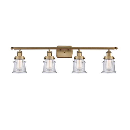 Innovations Canton 35.25in 4-Light Bath Vanity Light | Modern Transitional Brushed Brass and Clear Glass Schoolhouse Shade | Damp | Model 916-4W-BB-G182S