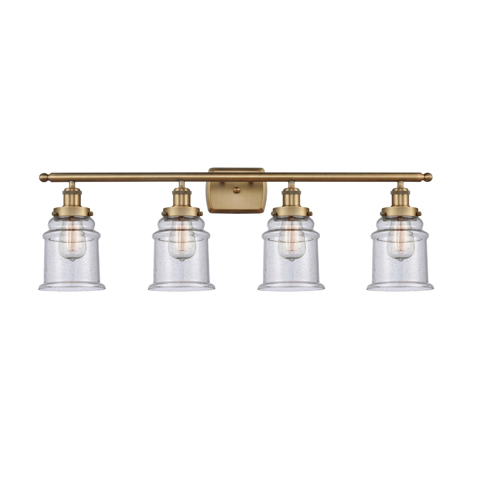 Innovations Canton 36in 4-Light Bath Vanity Light | Modern Transitional Brushed Brass and Seedy Glass Schoolhouse Shade | Damp | Model 916-4W-BB-G184