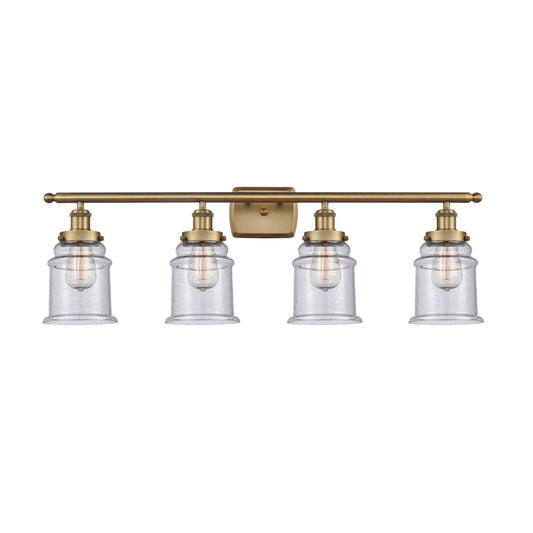 Innovations Canton 36in 4-Light Bath Vanity Light | Modern Transitional Brushed Brass and Seedy Glass Schoolhouse Shade | Damp | Model 916-4W-BB-G184