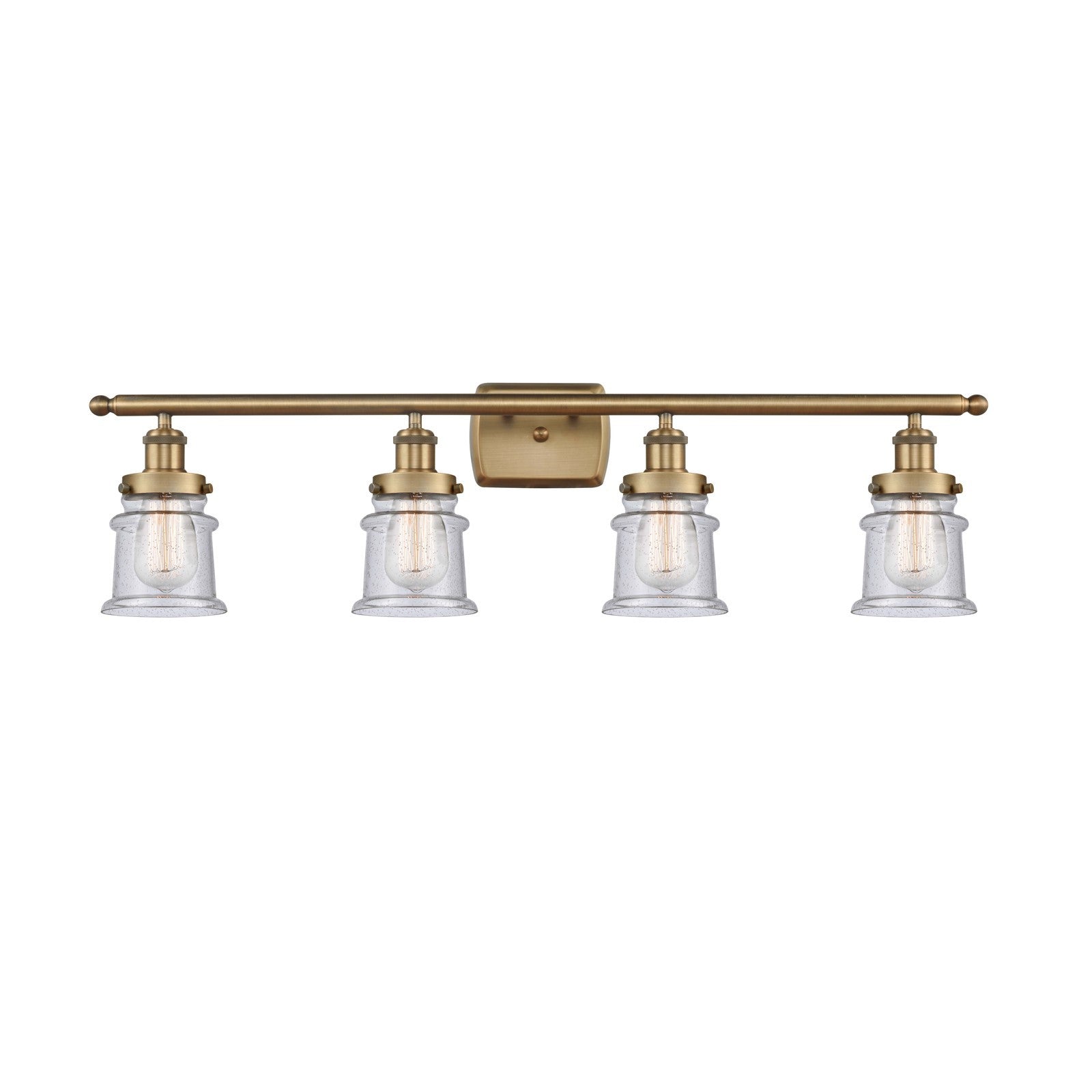 Innovations Canton 35.25in 4-Light Bath Vanity Light | Modern Transitional Brushed Brass and Seedy Glass Schoolhouse Shade | Damp | Model 916-4W-BB-G184S