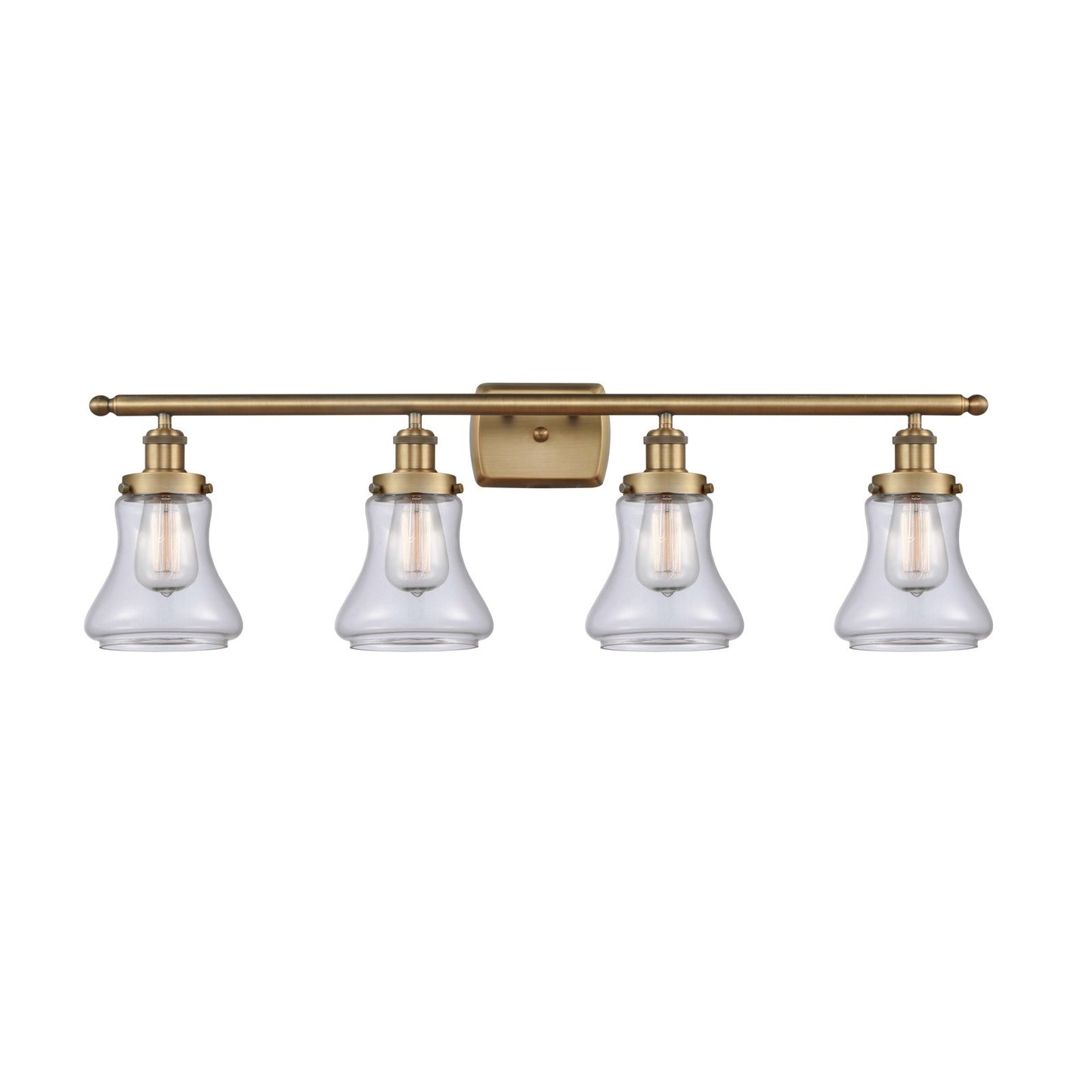 Innovations Bellmont 36in 4-Light Bath Vanity Light | Modern Contempo Brushed Brass Steel and Clear Glass Schoolhouse Shade | Damp | Model 916-4W-BB-G192