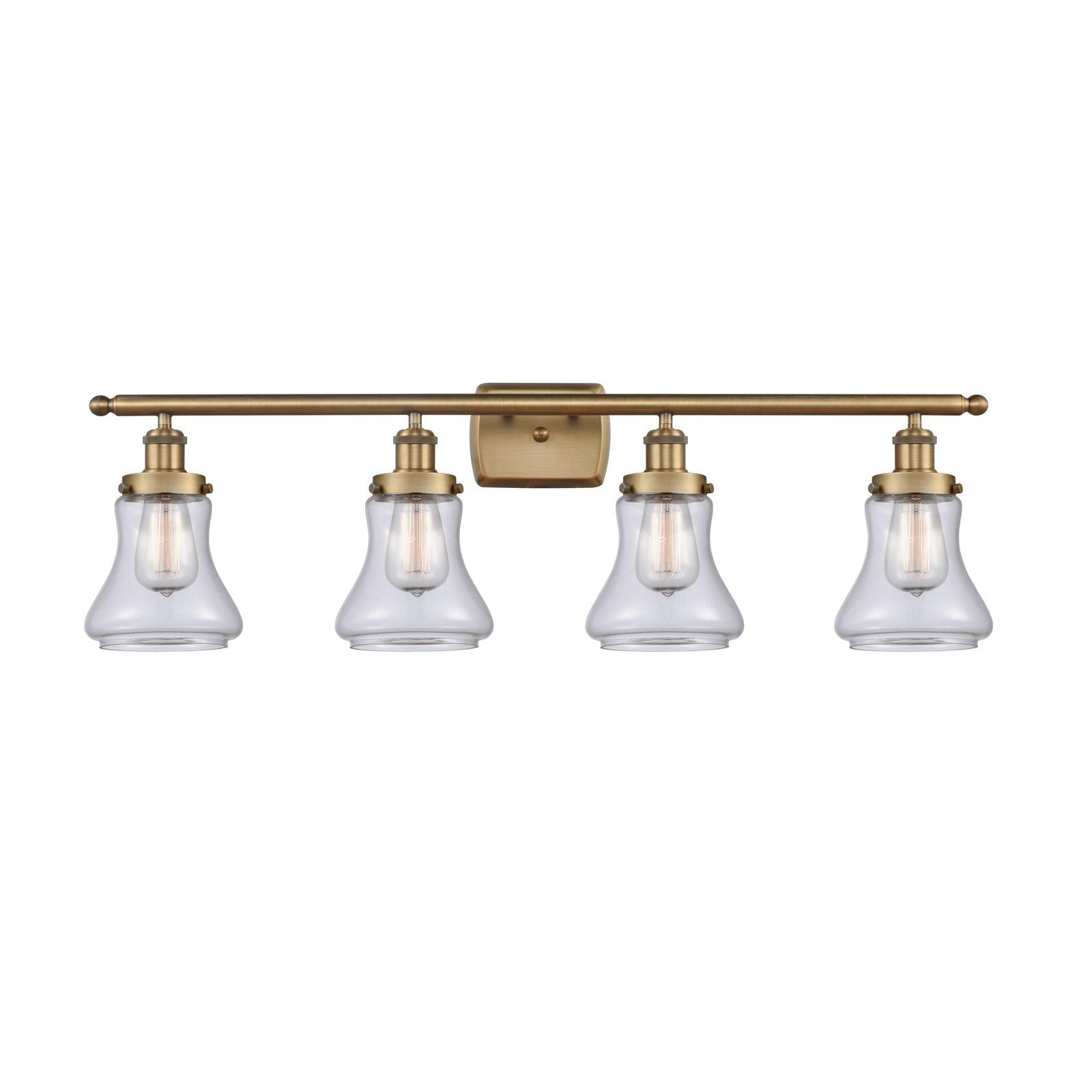 Innovations Bellmont 36in 4-Light Bath Vanity Light | Modern Contempo Brushed Brass Steel and Clear Glass Schoolhouse Shade | Damp | Model 916-4W-BB-G192