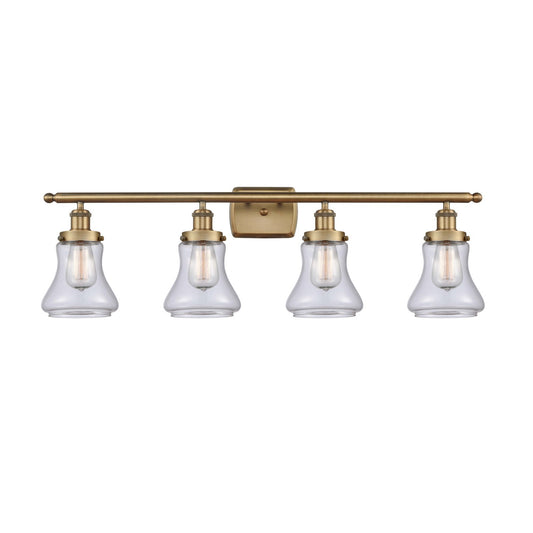 Innovations Bellmont 36in 4-Light Bath Vanity Light | Modern Contempo Brushed Brass Steel and Clear Glass Schoolhouse Shade | Damp | Model 916-4W-BB-G192