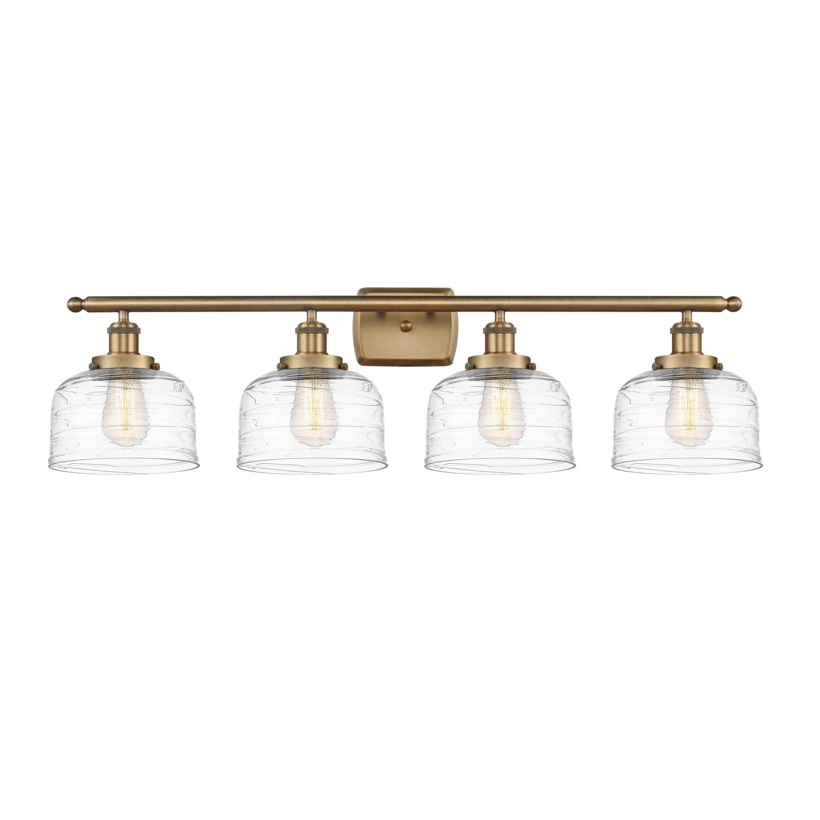 Innovations Bell 38in 4-Light Bath Vanity Light | Industrial Brushed Brass Steel and Clear Deco Swirl Glass | Bathroom Vanity | Model 916-4W-BB-G713