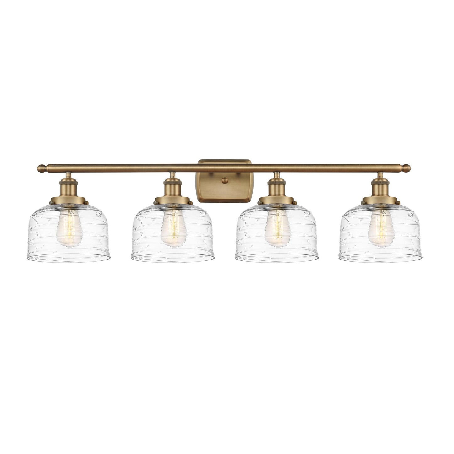 Innovations Bell 38in 4-Light Bath Vanity Light | Industrial Brushed Brass Steel and Clear Deco Swirl Glass | Bathroom Vanity | Model 916-4W-BB-G713-LED