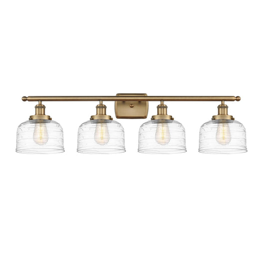 Innovations Bell 38in 4-Light Bath Vanity Light | Industrial Brushed Brass Steel and Clear Deco Swirl Glass | Bathroom Vanity | Model 916-4W-BB-G713-LED