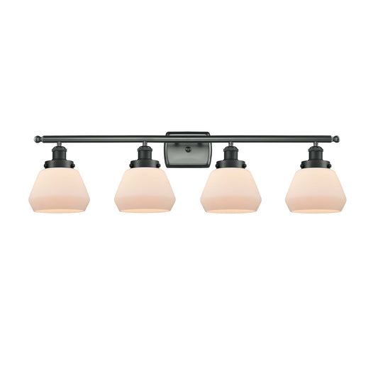 Innovations Fulton 37in 4-Light Bath Vanity Light | Modern Contempo Matte Black Steel and Matte White Frosted Glass | Bathroom | Model 916-4W-BK-G171
