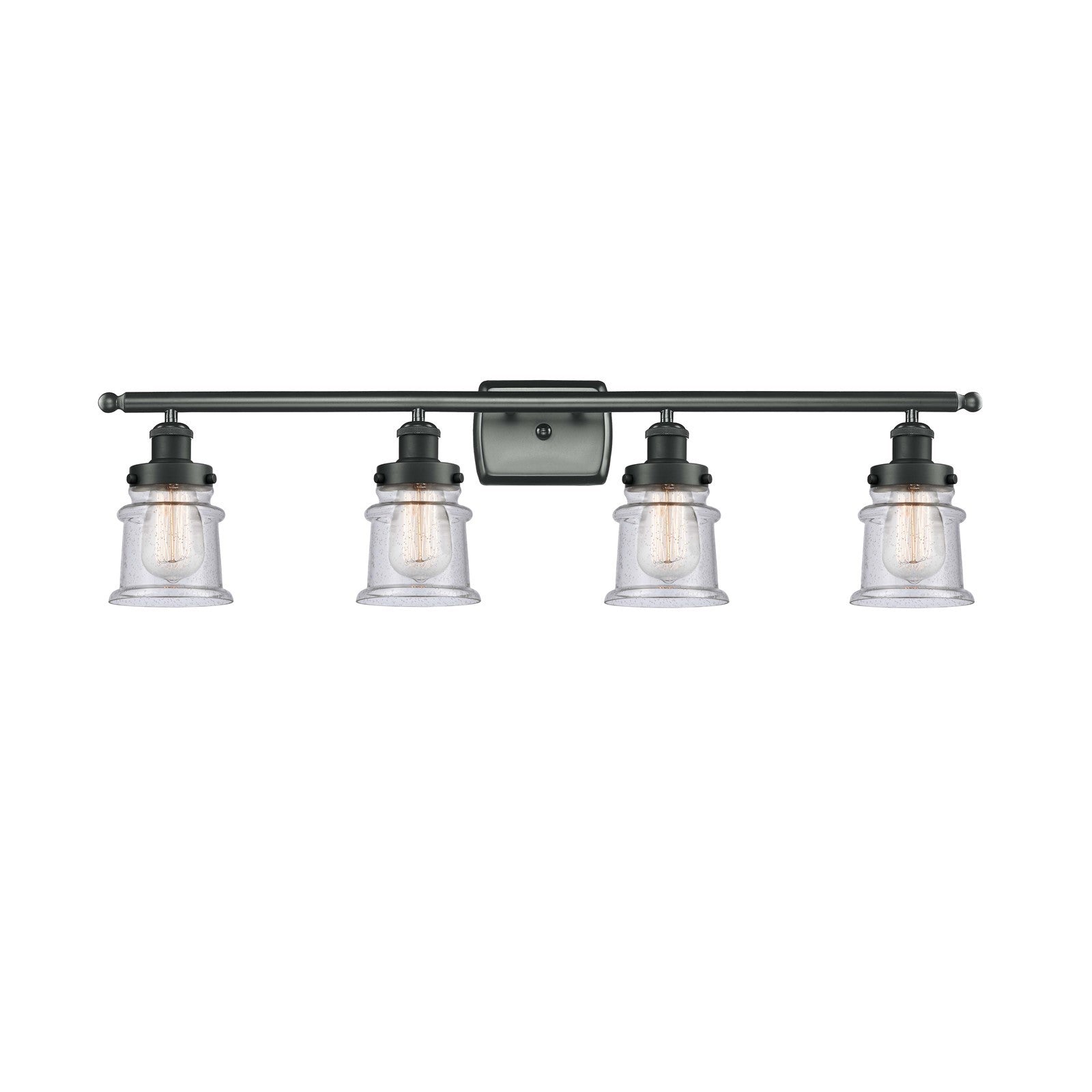 Innovations Canton 36in 4-Light Bath Vanity Light | Modern Contempo Matte Black Steel and Seedy Glass Schoolhouse Shade | Bathroom | Model 916-4W-BK-G184S