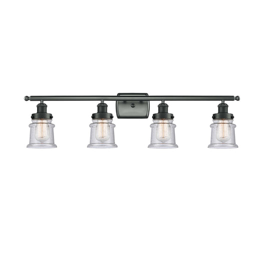 Innovations Canton 36in 4-Light Bath Vanity Light | Modern Contempo Matte Black Steel and Seedy Glass Schoolhouse Shade | Bathroom | Model 916-4W-BK-G184S