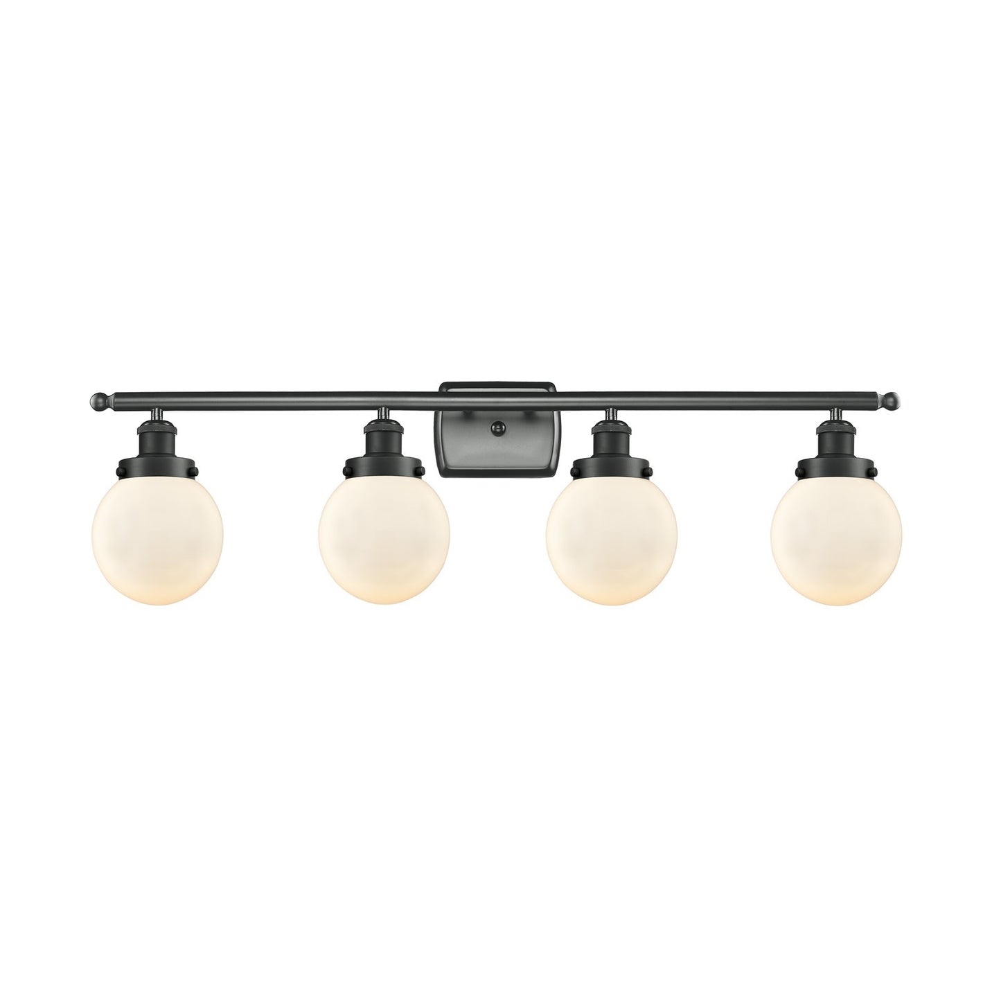 Innovations Beacon 36in 4-Light Bath Vanity Light | Modern Contempo Matte Black Steel and Matte White Frosted Glass Globe | Model 916-4W-BK-G201-6-LED