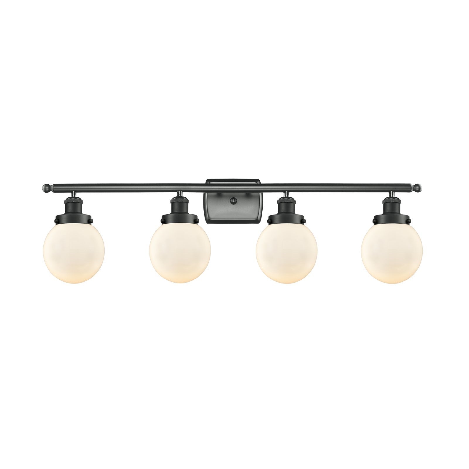 Innovations Beacon 36in 4-Light Bath Vanity Light | Modern Contempo Matte Black Steel and Matte White Frosted Glass Globe | Model 916-4W-BK-G201-6-LED