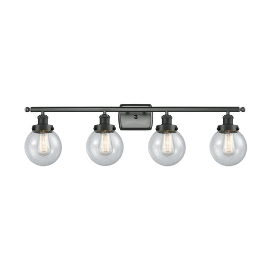 Innovations Beacon 36in 4-Light Bath Vanity Light | Modern Transitional Matte Black Steel and Seedy Glass | Bathroom Vanity & | Model 916-4W-BK-G204-6-LED