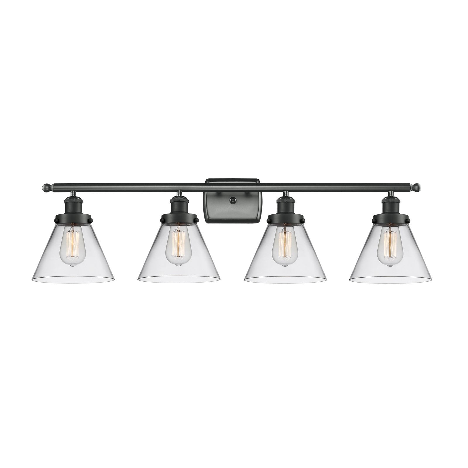 Innovations Cone 38in 4-Light Bath Vanity Light | Industrial Matte Black Steel and Clear Glass | Bathroom Vanity | Model 916-4W-BK-G42-LED